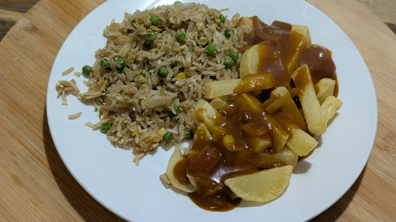Egg Fried Rice, Chips And Curry Sauce