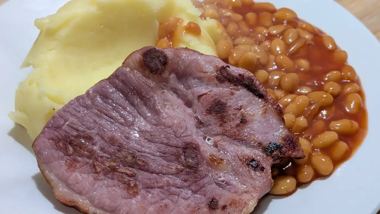Gammon steak, mash and beans