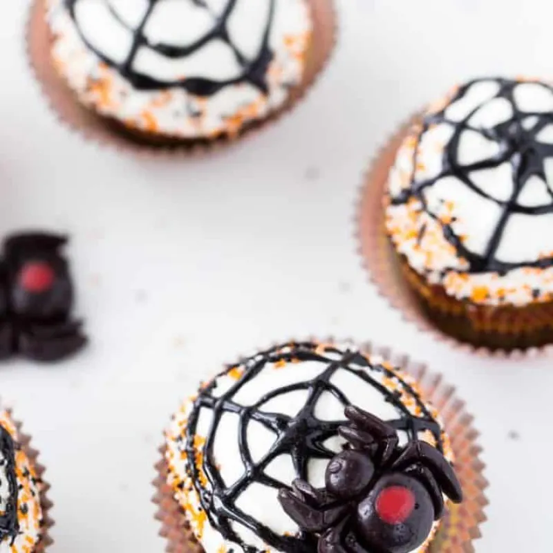 Spiderweb Cupcakes (Pumpkin Spice Cupcakes with Maple Cream Cheese Frosting)