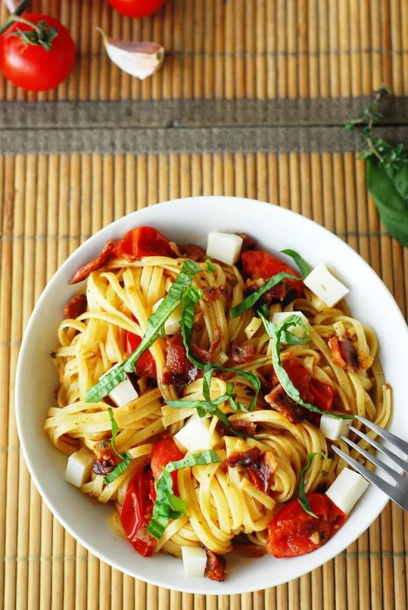 Fettuccine with Goat Cheese, Bacon, & Cherry Tomatoes