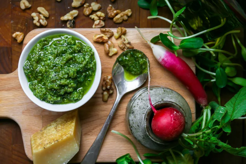 small batch radish leaf + basil pesto
