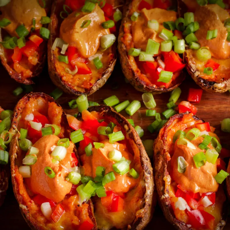 Baked Potato Skins with Kimchi Mayo and Gochujang Sauce