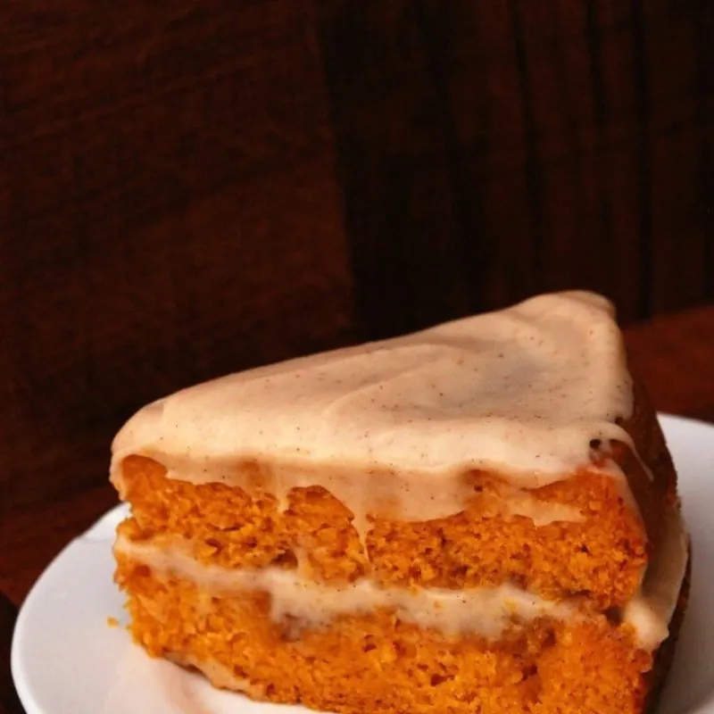 Pumpkin Cinna-Swirl Cake with Spiced Maple Cream Cheese Frosting (GF, Vegan)
