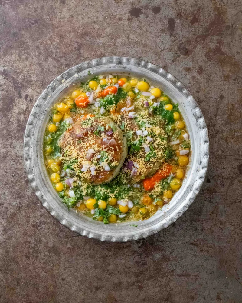 Ragda Pattice (Stuffed Potato Fritters With Spiced White Pea Curry)