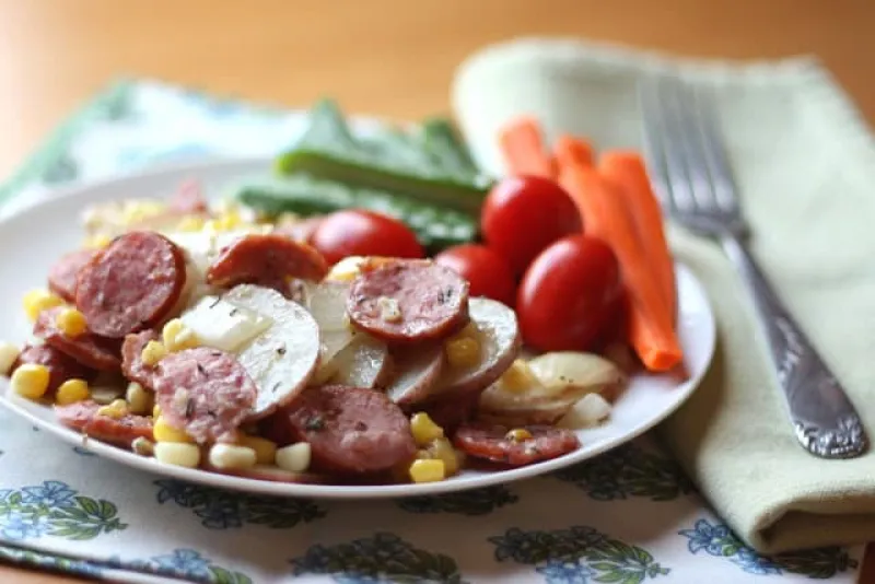 Herbed Potatoes with Kielbasa and Corn