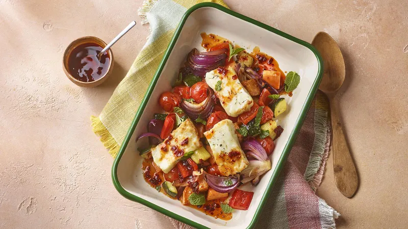 Air fryer halloumi with roasted veg