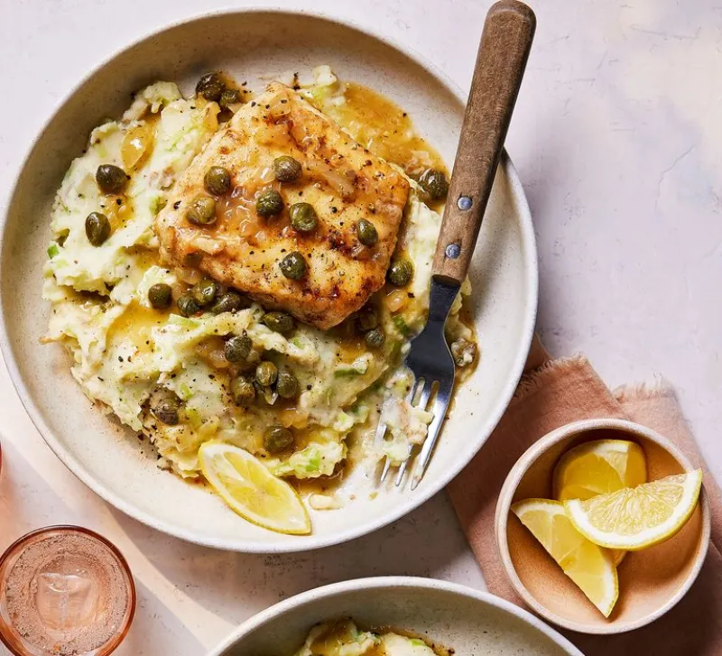 Cod piccata with cheesy leek mash