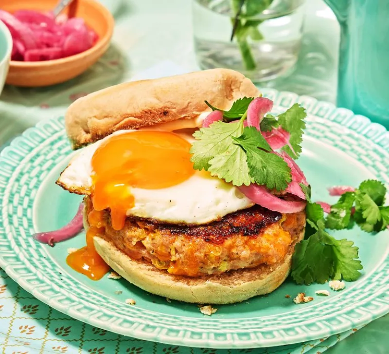 Smashed sausage, cheese & chilli English breakfast muffins