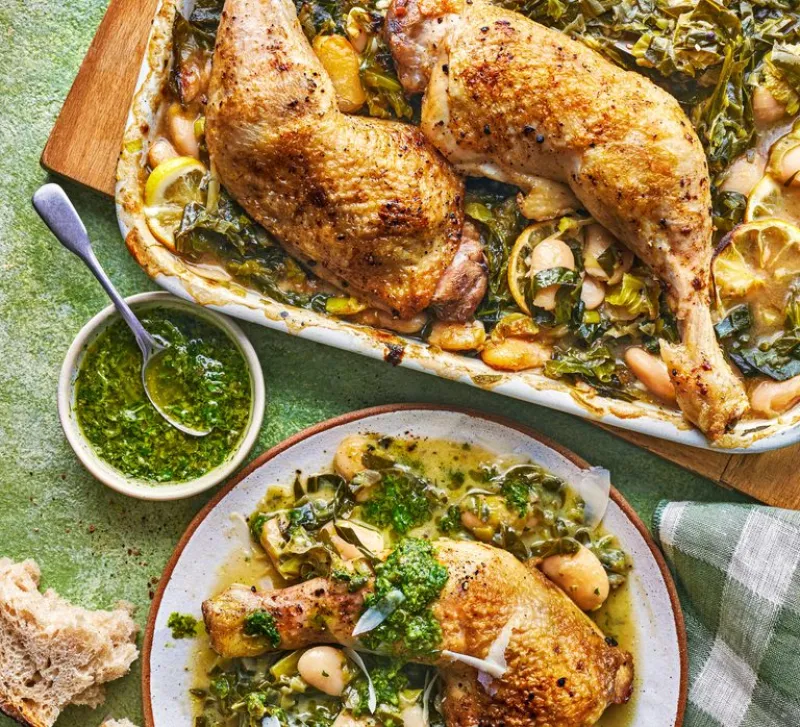 Chicken, butter bean & spring greens traybake with herby salsa verde