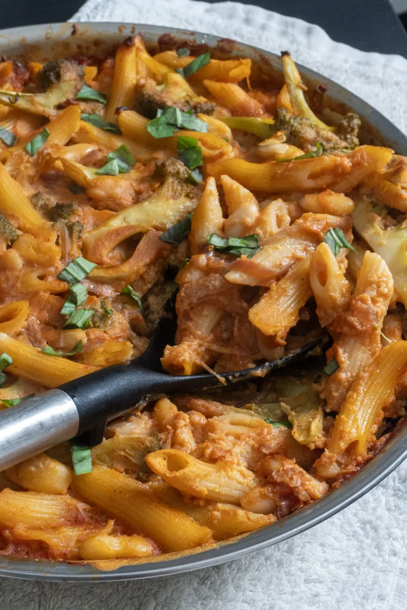 Bean & Broccoli Pasta Bake with Kimchi Cream Sauce