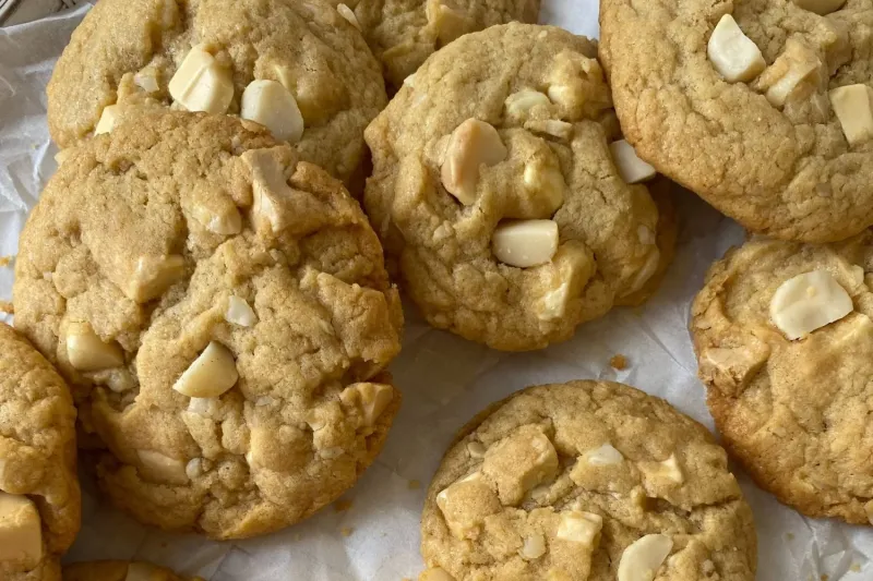 Chewy macadamia and white choc chunk cookies