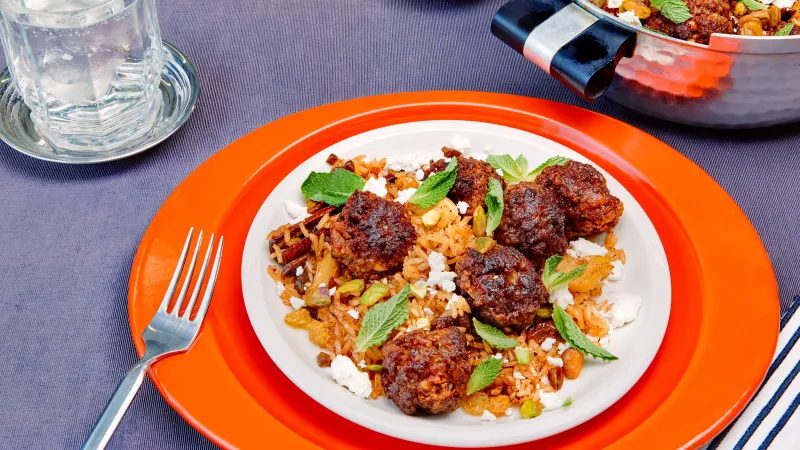 Spiced Meatballs With Golden RaisinâPistachio Pilaf