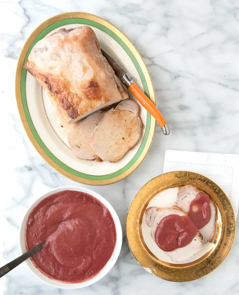 Brined Boneless Pork Loin Roast with Rhubarb-Cherry Port Sauce