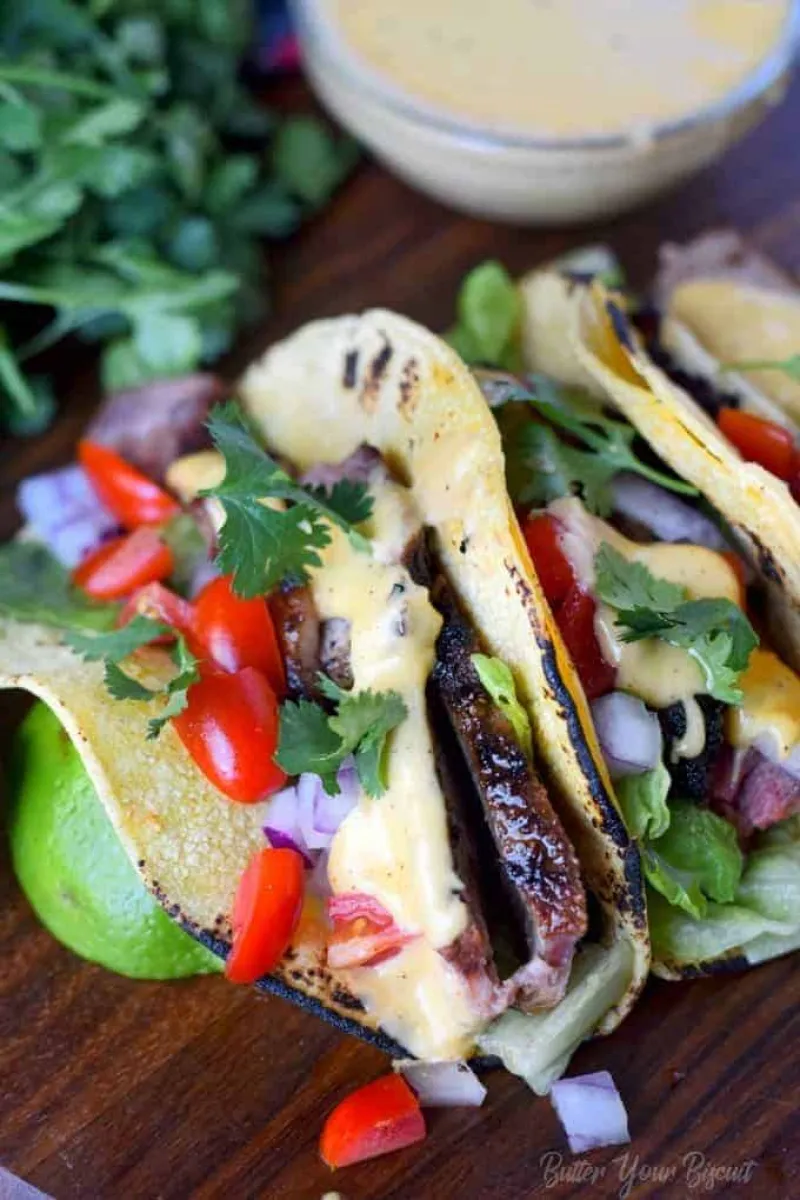 Grilled Steak Tacos with Nacho Cheese Sauce