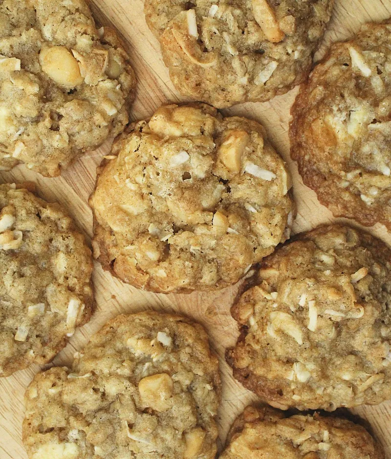 Coconut Oatmeal Cookies with Macadamias and White Chocolate Chunks