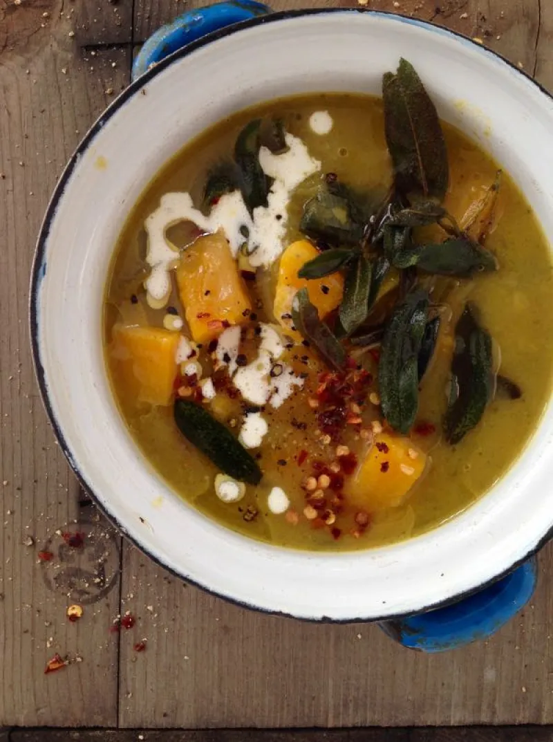 Butternut Squash Leek Soup Recipe with Crispy Sage