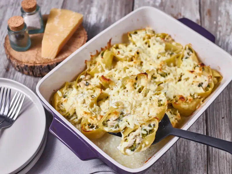 Broccoli and Chicken Alfredo Stuffed Shells