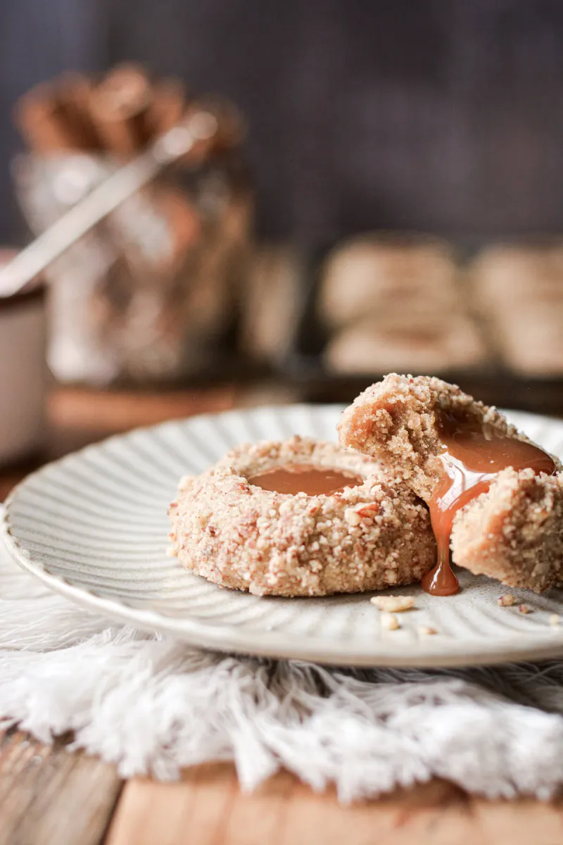 High Altitude Gingerbread Pecan Caramel Thumbprint Cookies