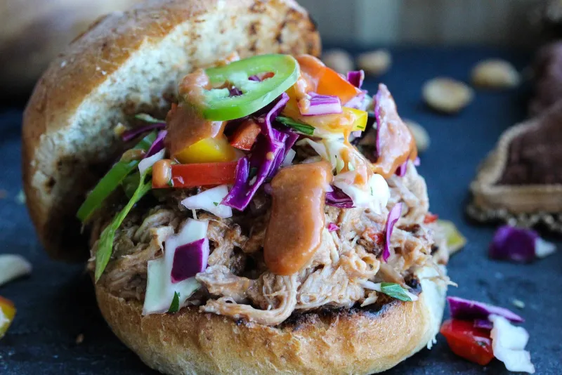 Slow Cooker Peanut BBQ Pulled Pork Sandwiches with Thai Ginger Slaw