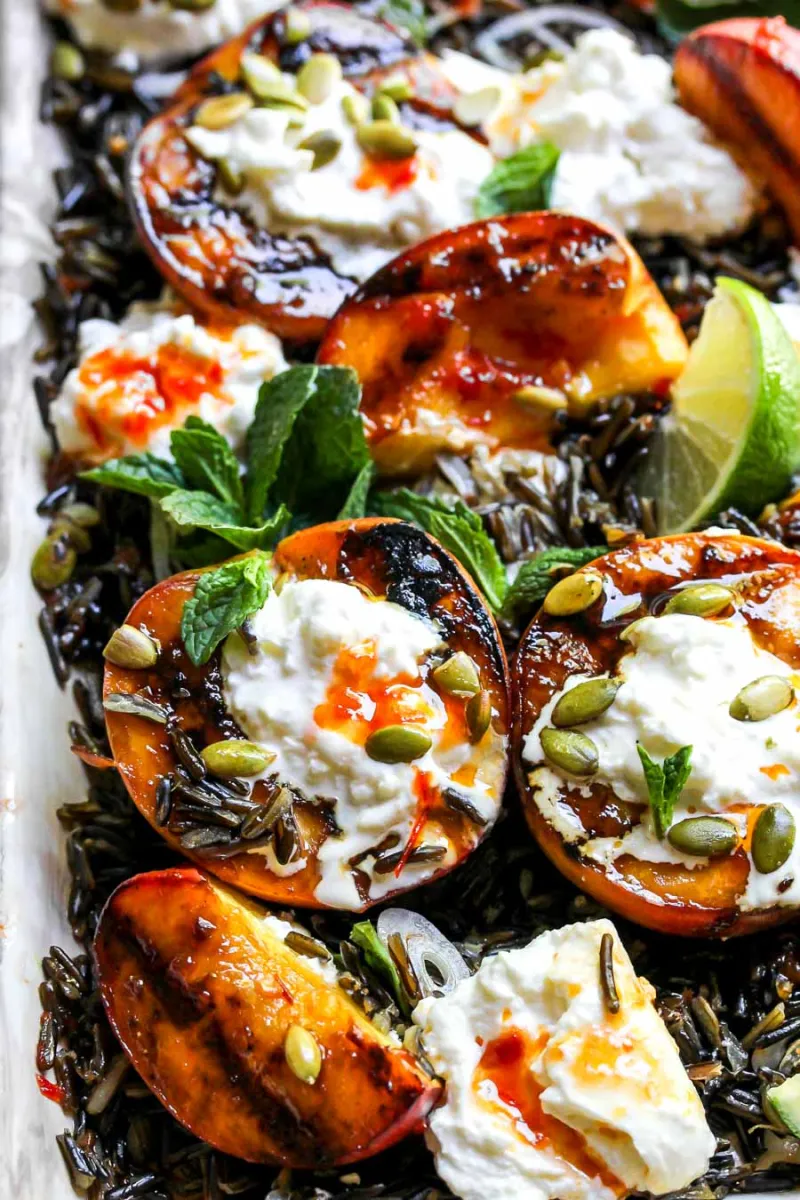 Honey-Harissa Grilled Peach and Burrata Salad