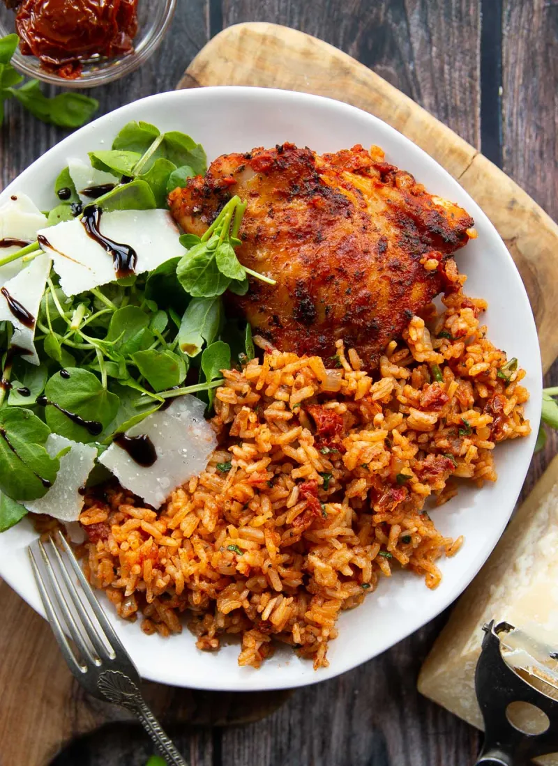 Tomato Basil Baked Chicken and Rice