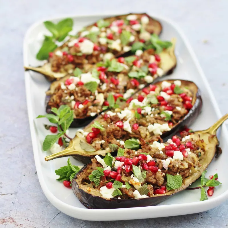 Lamb Stuffed Aubergines with Mint, Feta and Pomegranate Seeds