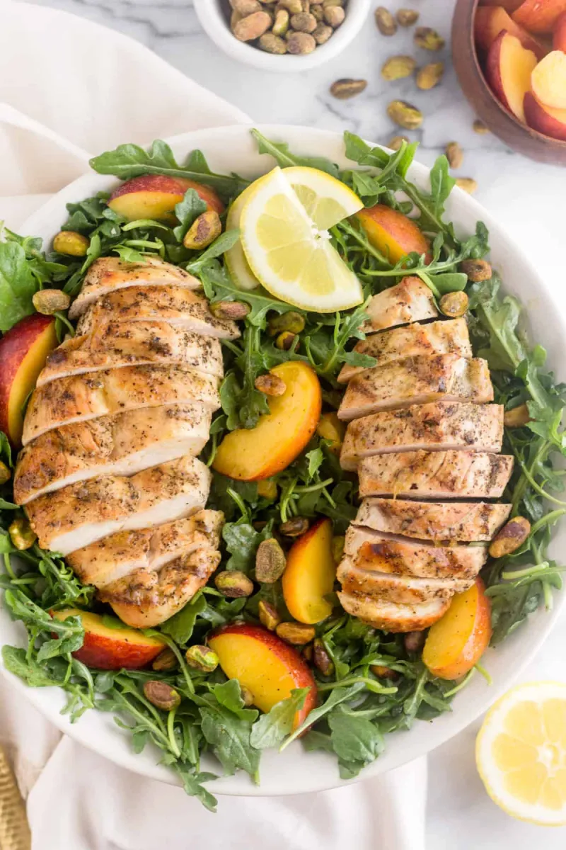 Peach and Pistachio Salad with Grilled Chicken
