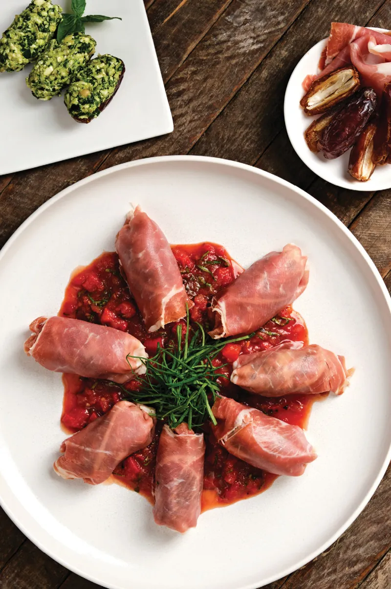 French Feta and Spinach Stuffed Medjool Dates Wrapped with Prosciutto