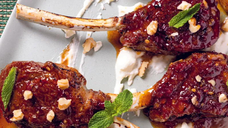 Lamb Chops With Agrodolce Glaze, Walnuts, and Feta