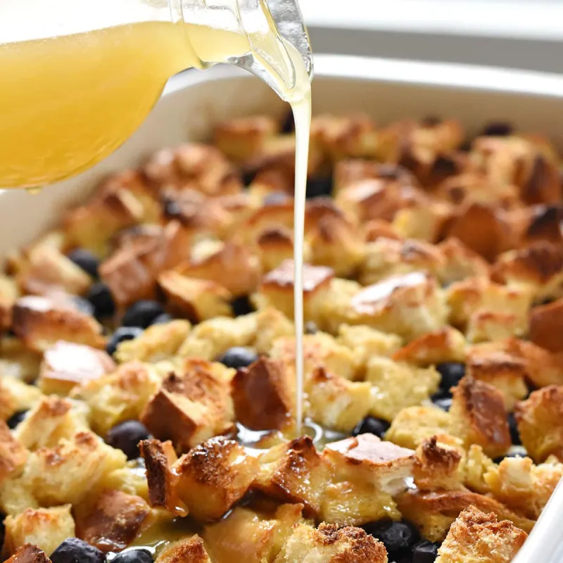 Lemon Blueberry Overnight French Toast Bake with Lemon Syrup