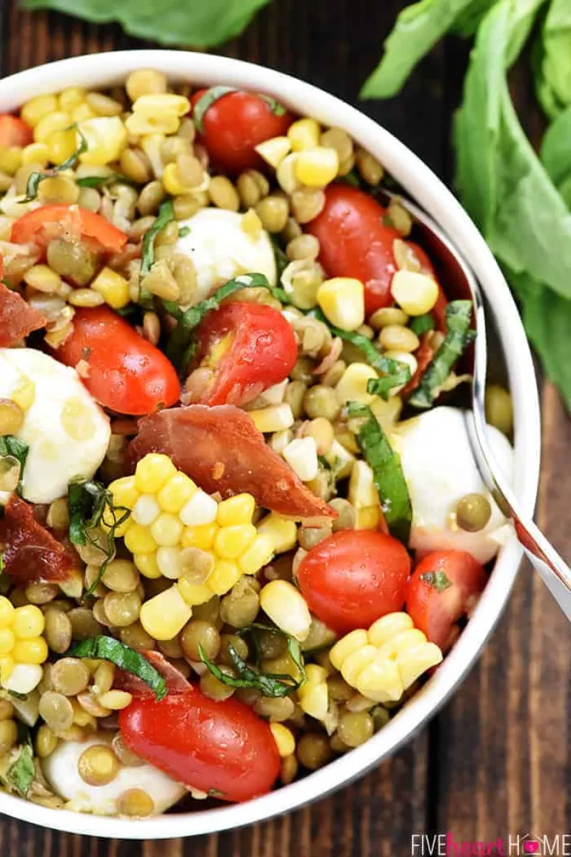 Summer Lentil Salad with Corn, Tomatoes, Mozzarella & Basil