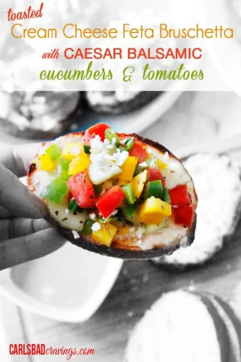 Toasted Cream Cheese Feta Bruschetta with Balsamic Caesar Cucumber and Tomatoes