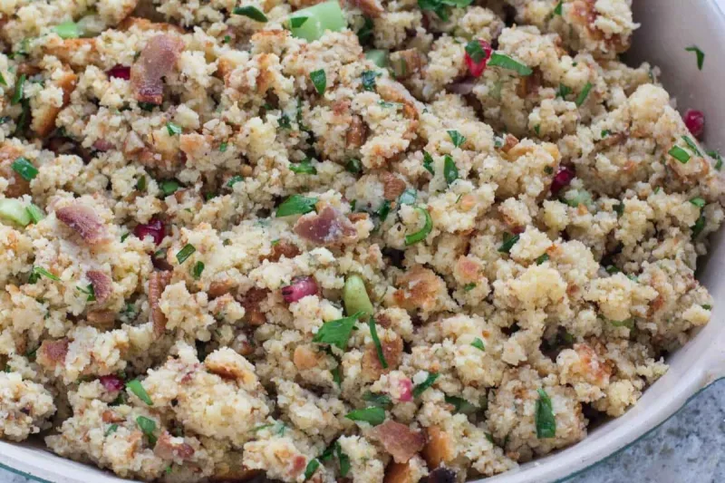 Cornbread Bacon Stuffing with Leeks, Pecans & Pomegranate