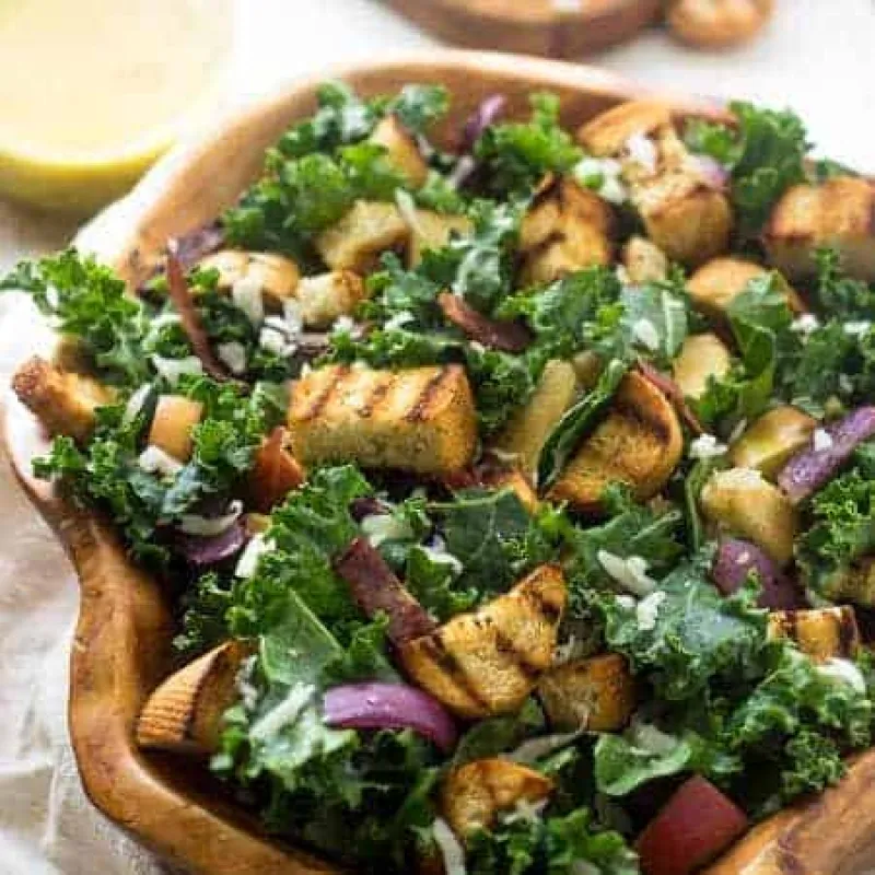 Panzanella Kale Salad With Apples, Bacon, And Cheese Vinaigrette