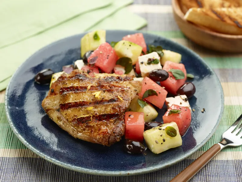 30-Minute Grilled Chicken Thighs with Watermelon and Feta Salad