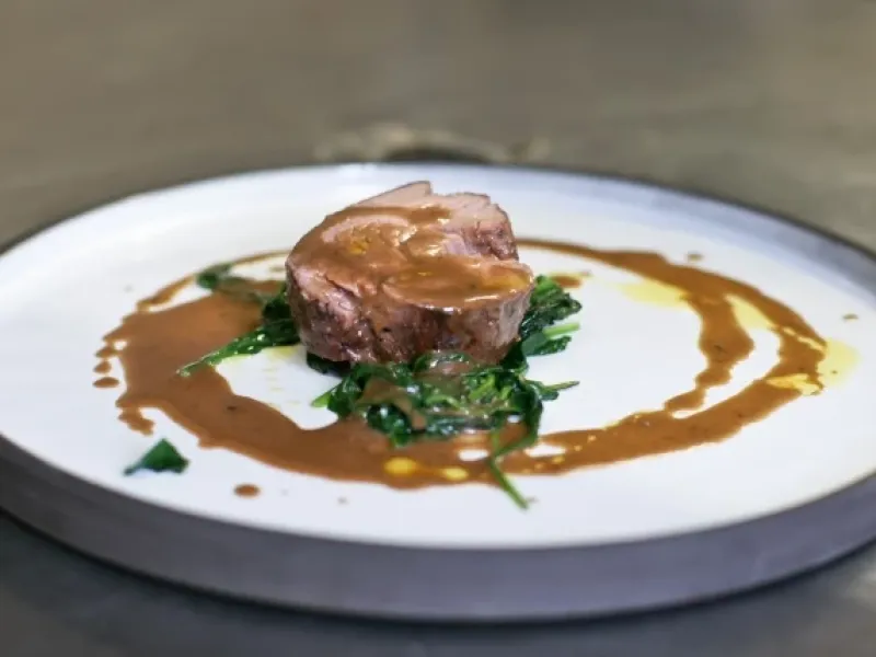 90 Minute Beef Fillet, Braised Oxtail, Baked Potato and Baby Spinach