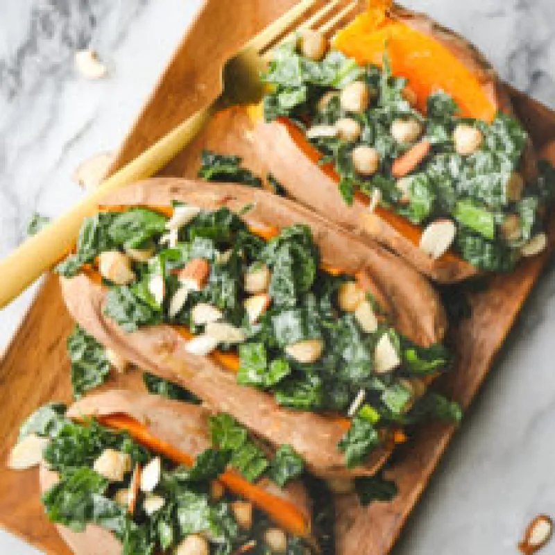 Sweet Potato & Kale Boats with Easy Tahini Dressing