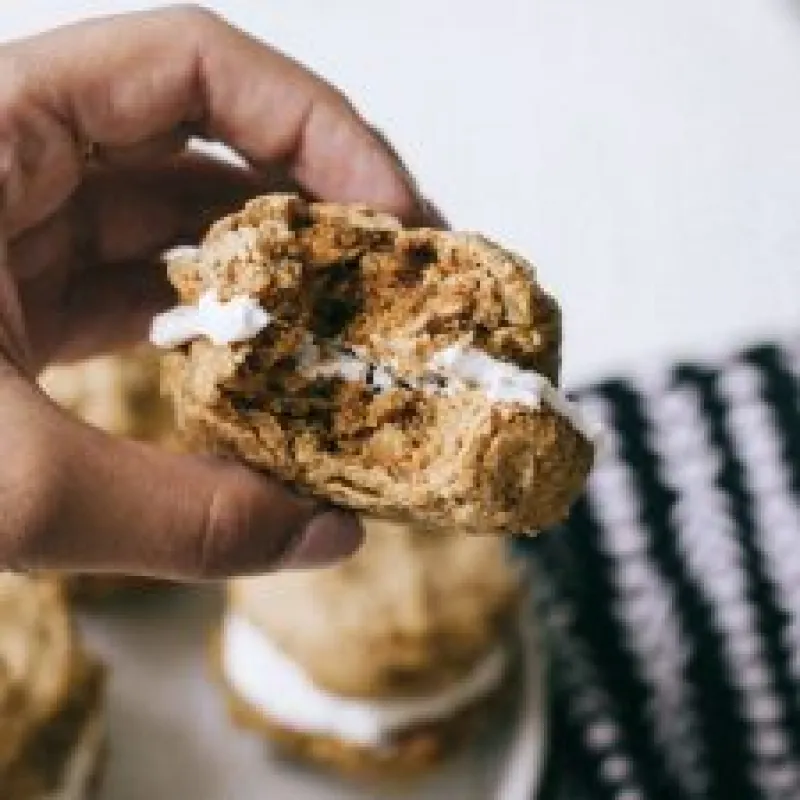 Low Sugar Gluten Free Breakfast Oatmeal Cookie Sandwich With Cinnamon Yogurt Filling 
