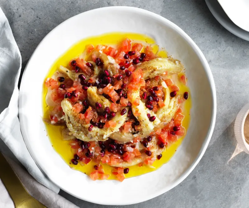 Jacqui Challinor’s smoked eggplant and pomegranate salad