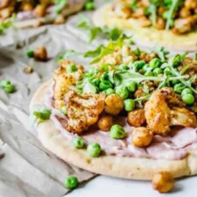 Tandoori Cauliflower Pita Flatbreads with Tahini Cumin “Yogurt”