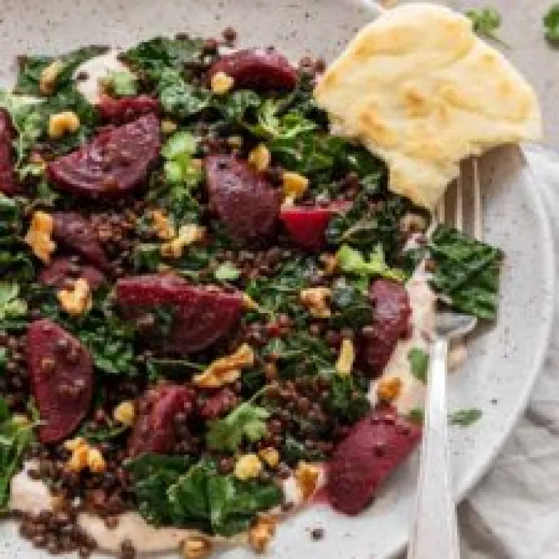 Warm Beet, Lentil & Kale Salad With Harissa Yogurt