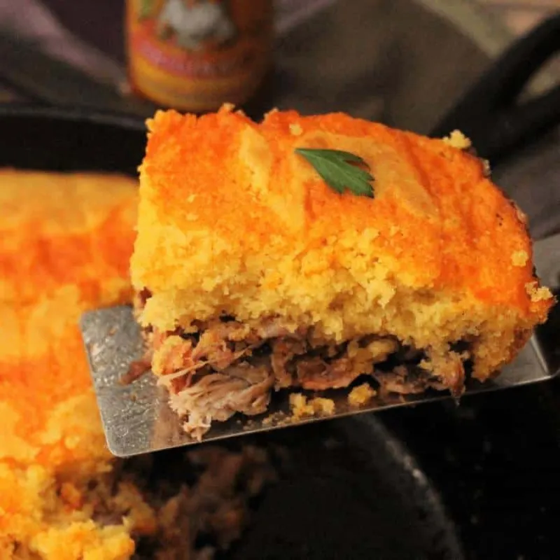 Smoked Pulled Pork Topped with Cholula Swirled Corn Bread
