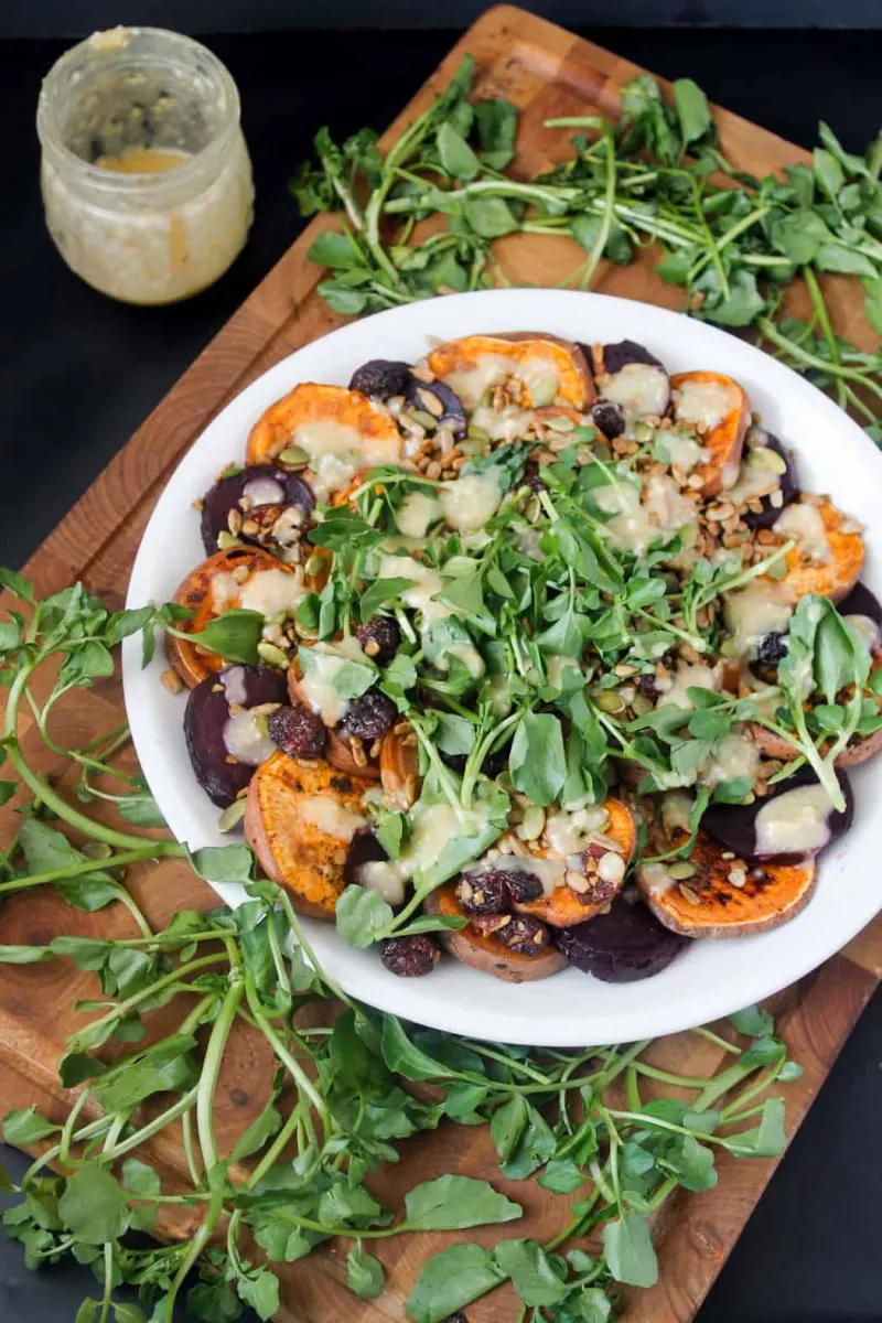 Sweet potato and beet salad with watercress, miso-maple dressing and salad topper lite