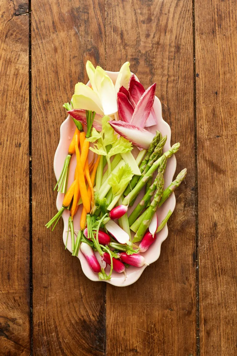 Cool crudite veggies with a minted pea and yoghurt dip