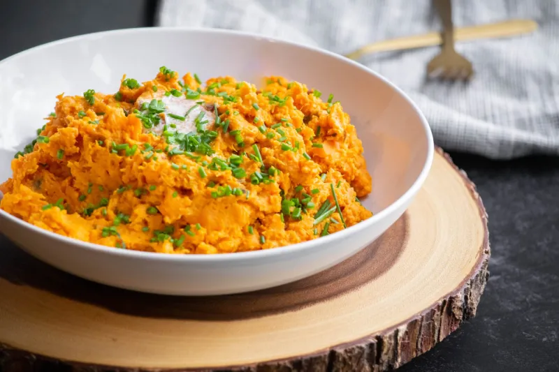 Chipotle Smashed Sweet Potatoes (Microwave Recipe)