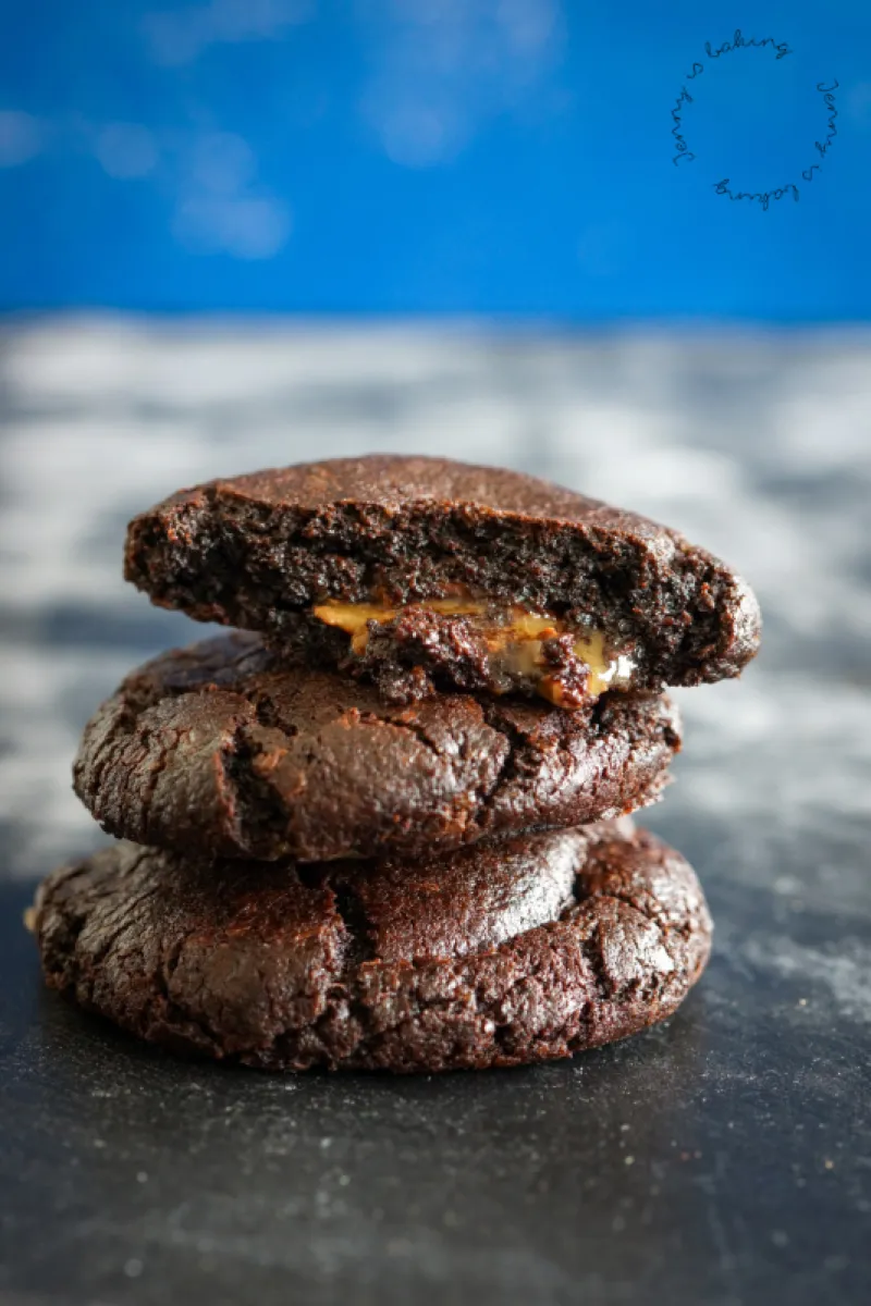 Salty Dark Chocolate Cookies with a Caramel Center