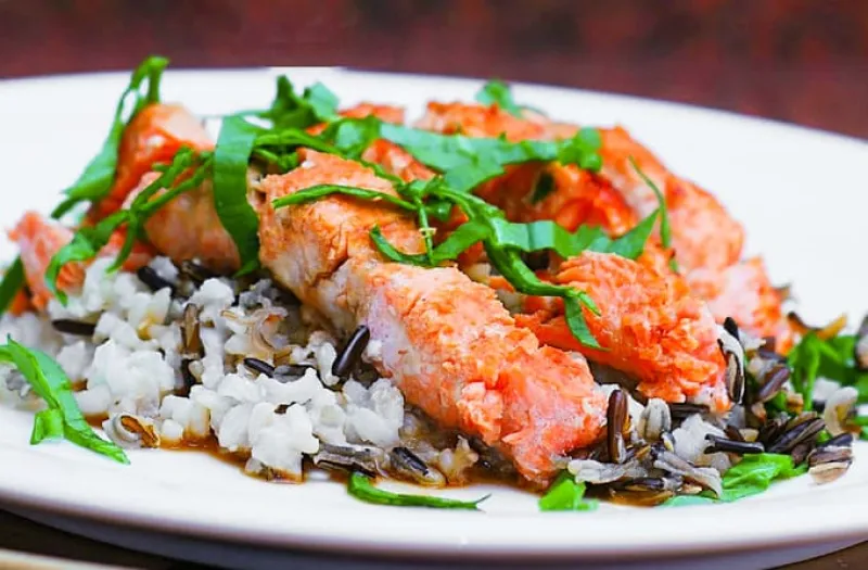 Salmon Fillet with Sake Sauce and Wild Rice