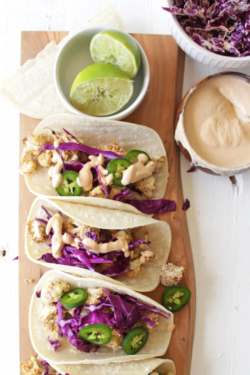 Breaded Cauliflower Tacos with Chili Lime Cream Sauce
