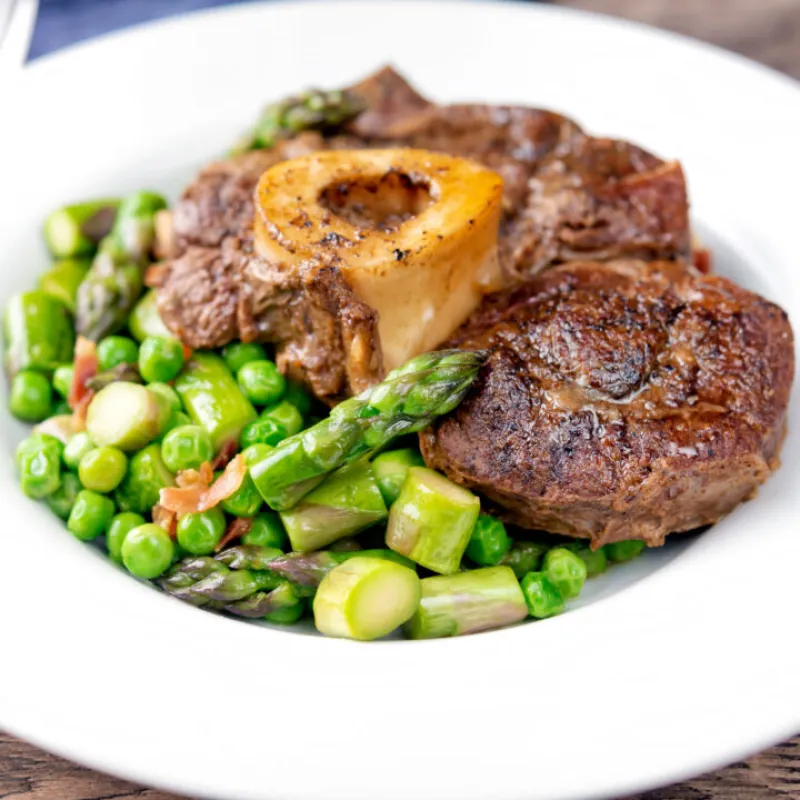 Braised Beef Shin Recipe with Asparagus, Peas and Bacon