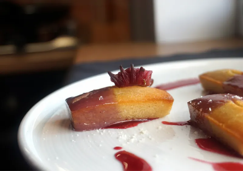 Almond Financiers with Hibiscus and White Chocolate Sauce
